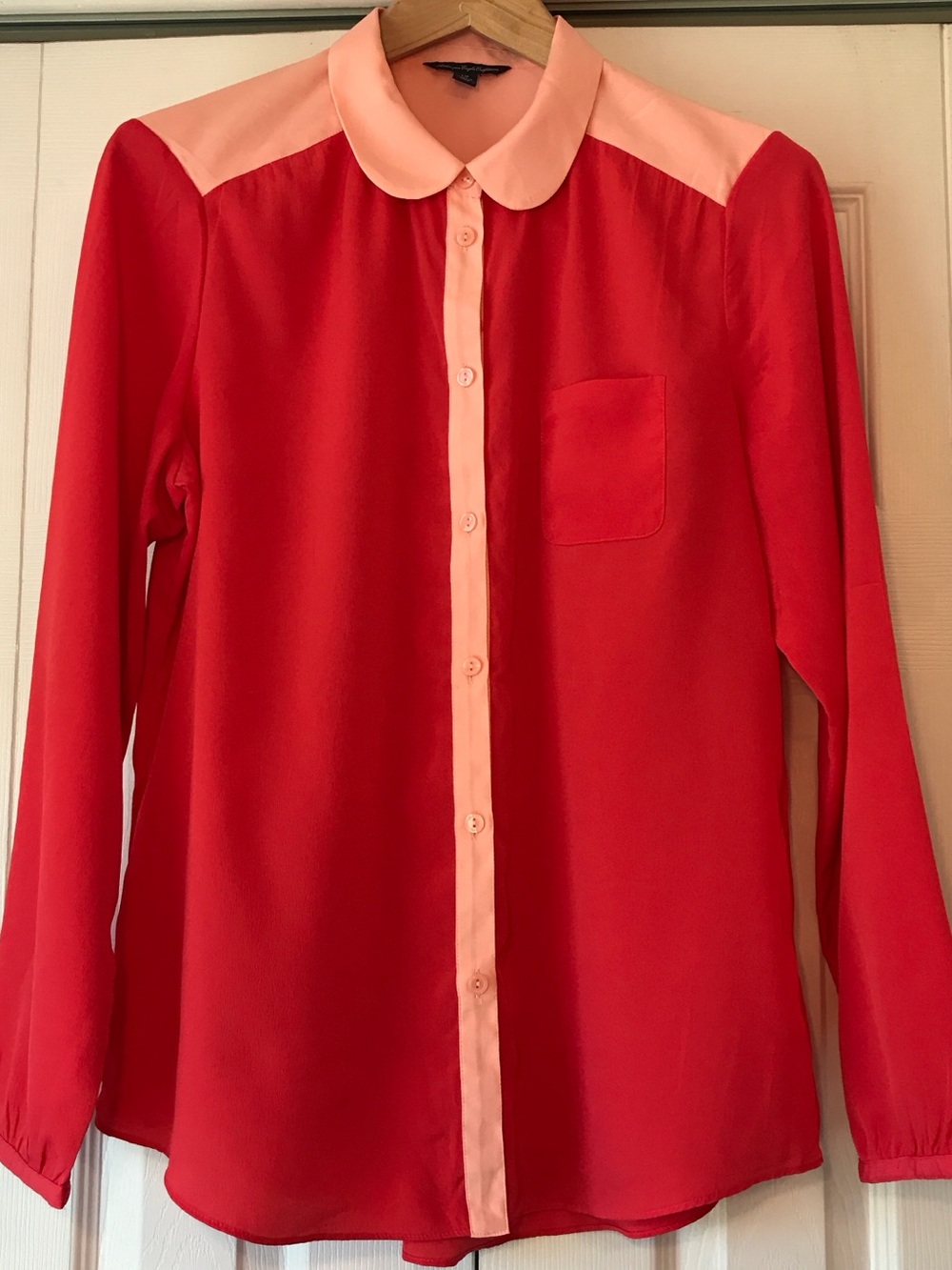 American Eagle Colorblock Button-Up Blouse in Red and Peach